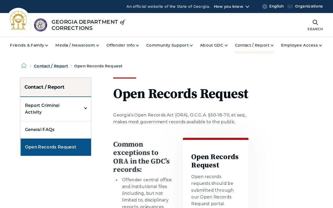 Telfair County Georgia Department of Corrections open-records request path for an offender photo or profile