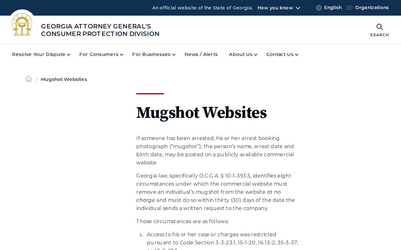 Telfair County Georgia Consumer Protection guidance about qualifying free mugshot website removal