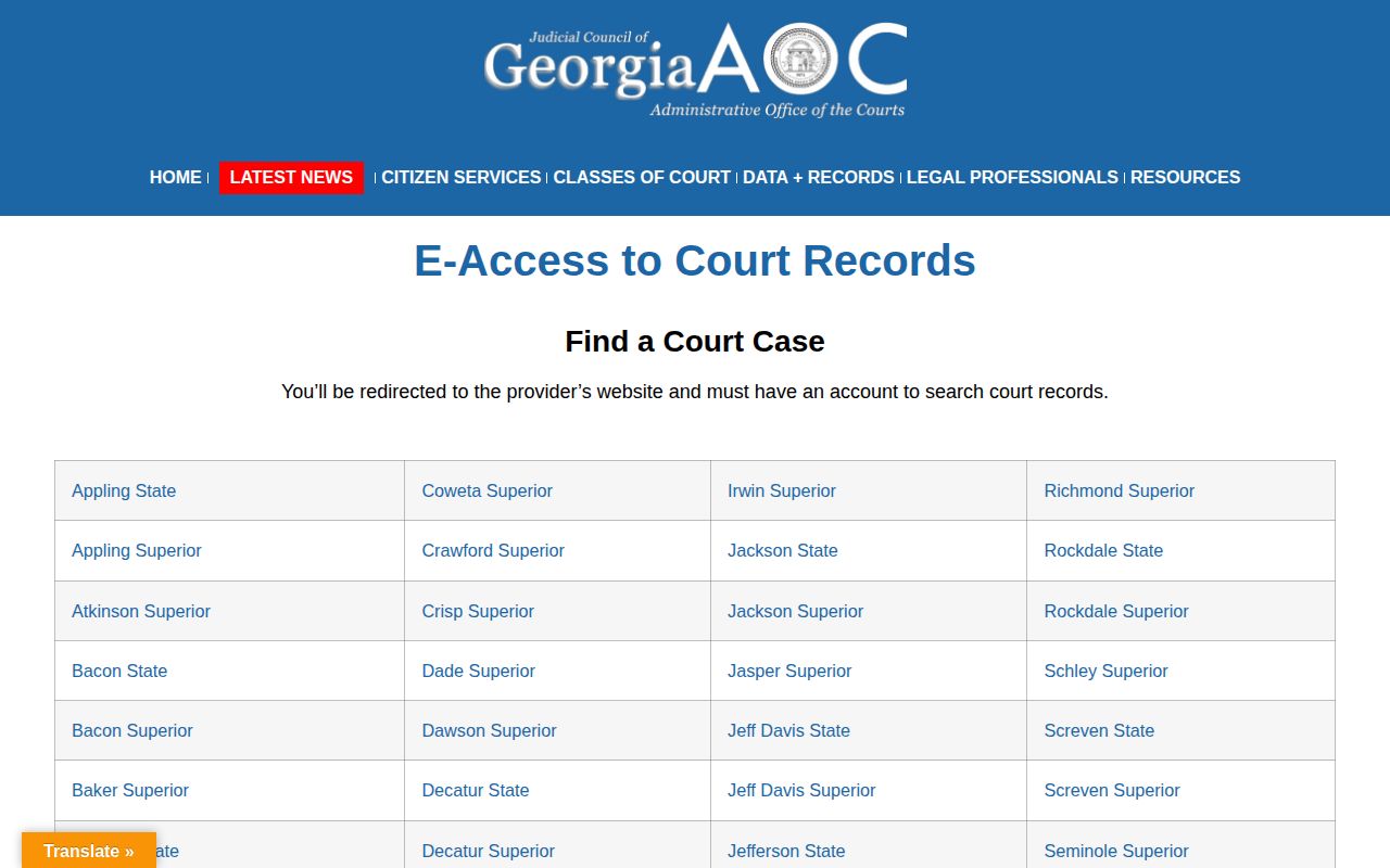 Georgia Courts e-access directory for Telfair County Superior Court disposition records