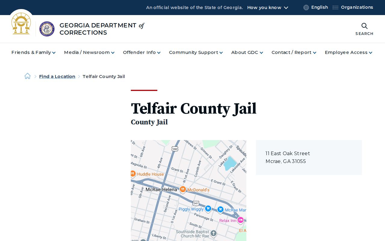 Georgia Department of Corrections Telfair County Jail facility listing for booking record contacts