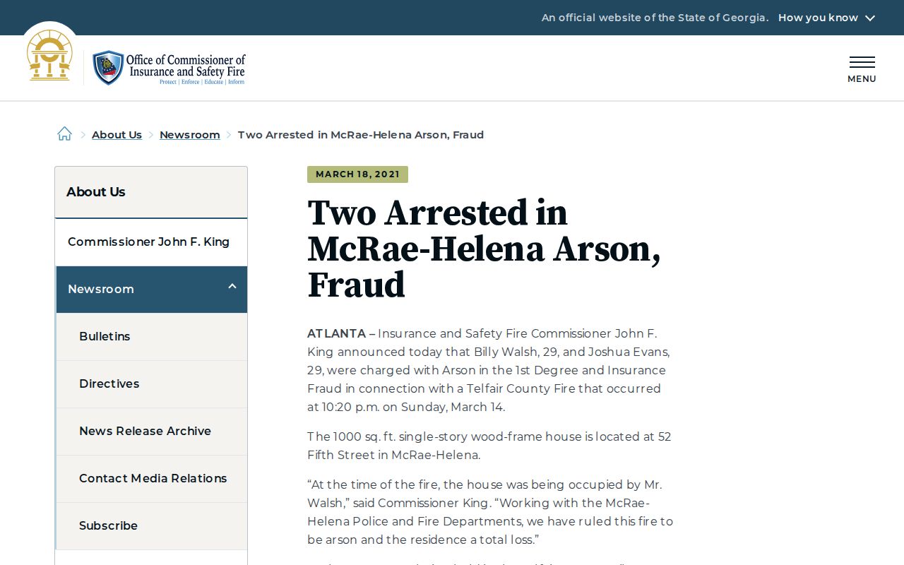 Telfair County McRae-Helena arrest release image from an official state notice